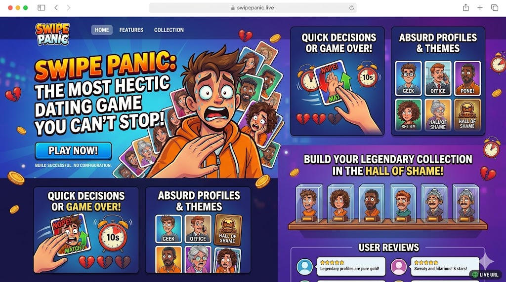 Aperçu du site Swipe Panic avec héros, features et collection